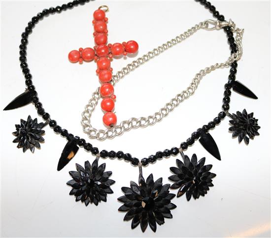 Coral cross pendant, jet style necklace and silver albert